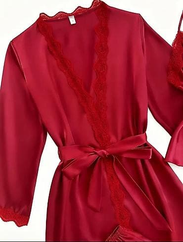 pidzame jednodelne: Ženski satenski set za spavanje – 5 delova, bordo/crvena - Materijal — 2