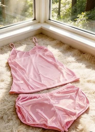 Roll-necks: Ženski satenski pidžama set – top na bretele i šorts - Dvodijelni — 1