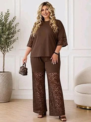 cameleon pantalone: Dvodelni ženski komplet sa čipkom – plus size. - Model: široka majica — 2