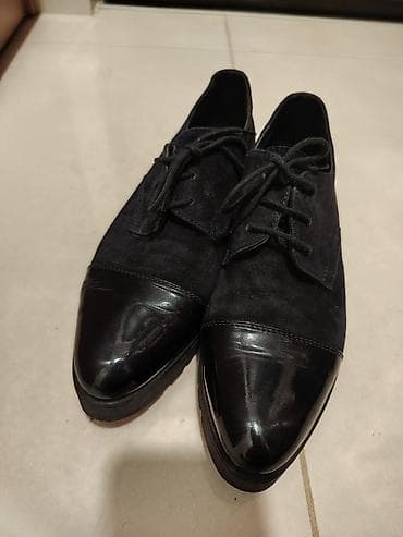 svecana obuca: Zenske elegantne cipele na pertlanje, teget boje, kombinacija brušene — 2