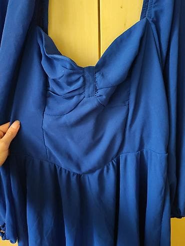 elegantne cizme: Plava kratka haljina sa dugim, puf rukavima. - Materijal: lagan — 3