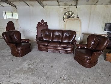 krevet trosed: Trosed + dve fotelje – komplet garnitura od prirodne kože - — 2