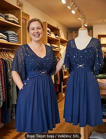 Haljine: Elegantna teget haljina sa zvezdanim dezenom – veličina 5XL - Kroj — 4