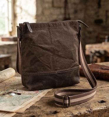 Torba preko ramena – platno i koža, braon - Materijal: gornji deo od