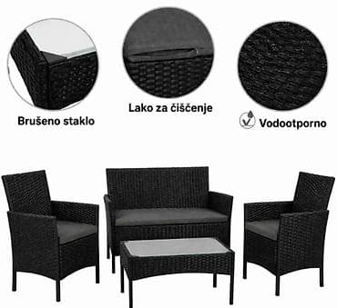 moderan dvosed: Bastenski set garnitura 4u1 od PE ratana sa jastucima NOVO U — 2