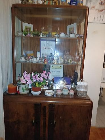 Setovi stolova i stolica: Vintage drveni kredenz/vitrina sa kliznim staklenim vratima - — 1