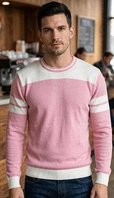 Muški džemper sa prugama – roze/bela kombinacija - Model: klasičan na lalafo.rs Muški džemper sa prugama – roze/bela kombinacija - Model: klasičan