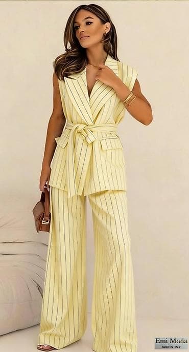 komplet prsluk i pantalone: 🔥Ženski dvodelni komplet – prugasti sako bez rukava i široke pantalone — 8