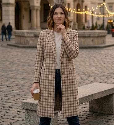 mona kapa: Ženski kaput u kariranom dezenu - Kroj: ravna linija sa strukiranim — 1