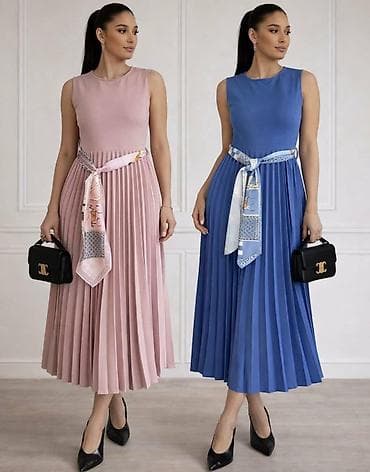 air force plave: Ženska midi plisirana haljina bez rukava sa dekorativnim šalom u — 2