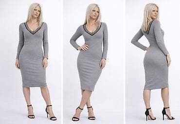 Siva rebrasta midi haljina sa dugim rukavima i V-izrezom - Kroj