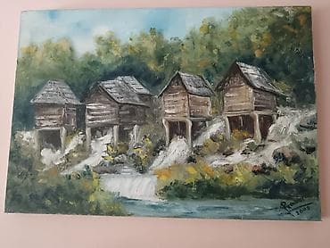 Ulje na platnu – pejzaž sa vodenicama - Motiv: niz starih drvenih