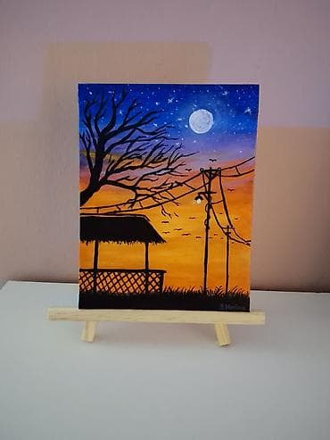 Akrilna slika na platnu – “Večernji pejzaž sa mesecom” - Motiv