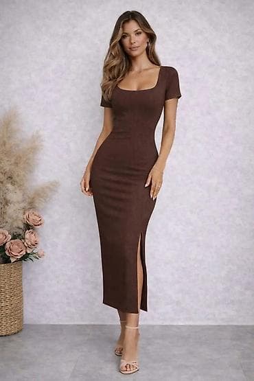 Haljine: Ženska rebrasta midi haljina sa kratkim rukavima - Kroj: uska silueta — 1