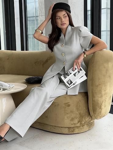 mindjuse sa cirkonima: 💫Ženski dvodelni komplet – sako/bluza sa kratkim rukavima i ravne — 3