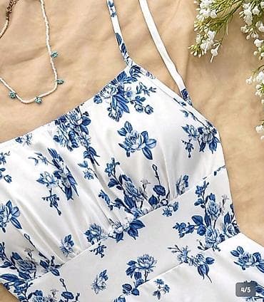 levis suknje: Letnja mini haljina na bretele – belo platno sa plavim cvetnim — 2