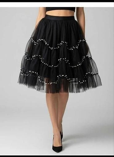 Crna midi suknja od tila sa perlama - Romantična, višeslojna suknja