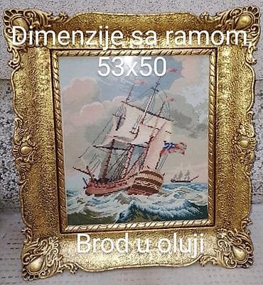Ručni goblen “Brod u oluji” u bogatom dekorativnom ramu. - Motiv