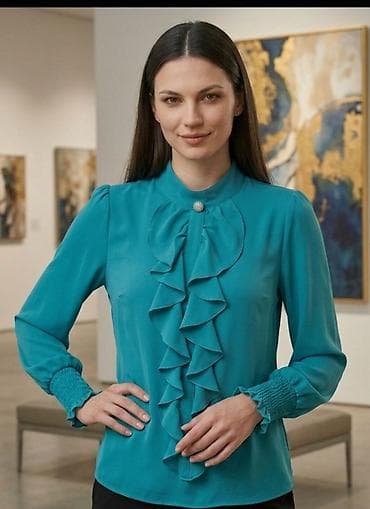 bluza kosulja v bez boja: Elegantna ženska bluza u tirkiznoj boji - Model sa dugim rukavima i — 1