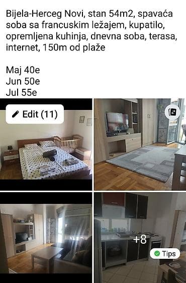 stan za izdavanje ruma: Bijela – Herceg Novi. Stan 54 m², 150 m od plaže. Raspored i oprema — 1