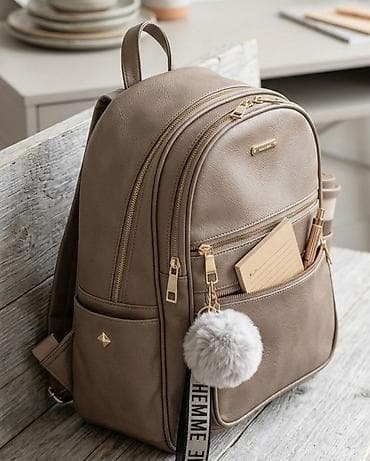 mommy bag torba: Elegantni ženski ranac u bež/tape boji, od meke eko-kože sa zlatnim — 1