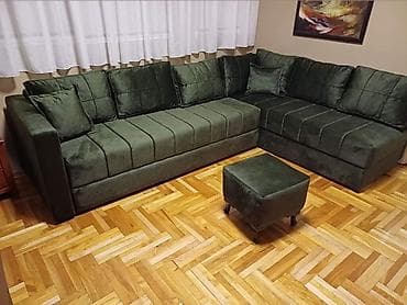 stolovi za radionicu: Ugaona garnitura sa tabureom – tamnozelena, štof/velur - Prostrana — 2