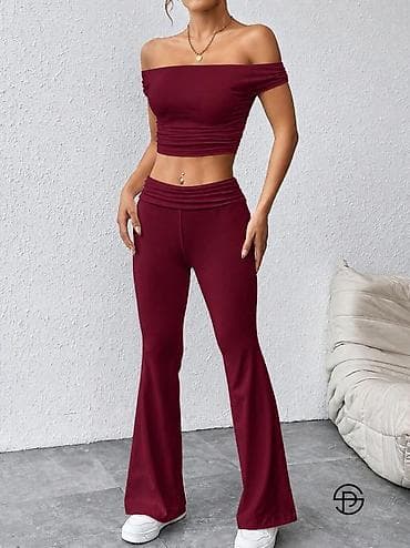 kombinezoni svecani: Damski komplet – top na spuštena ramena + pantalone sa zvonastim — 2