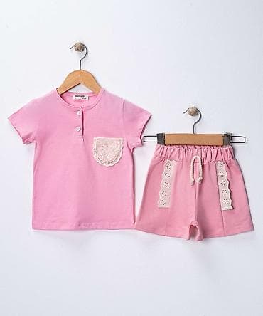 zara zenski kompleti: Komplet majica i šorc za devojčice roze — nežan stil sa čipkastim — 1
