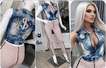 Džins prsluk bez rukava – tie-dye plavi - Krojen uz struk, kraća