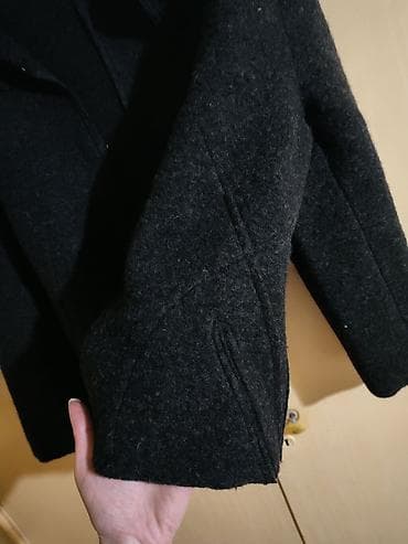 bele sandale ravne: Ženska zimska jakna/kaput – tamno siva, vuneni izgled - Klasičan kroj — 2