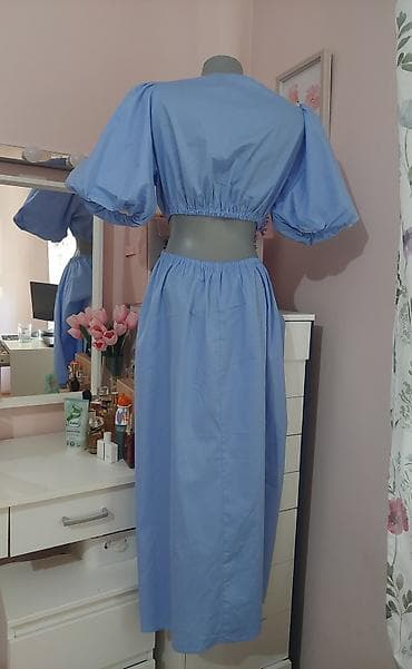 off white komplet: Plava midi haljina sa prstenom u struku - Kroj: midi dužina, A-linija — 3