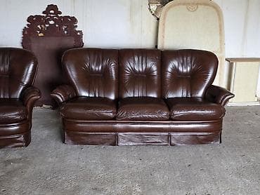 krevet trosed: Trosed + dve fotelje – komplet garnitura od prirodne kože - — 5