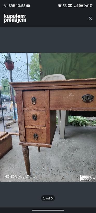 polovni ormar: Drveni vintage radni sto sa fiokama - Materijal: puno drvo - — 3