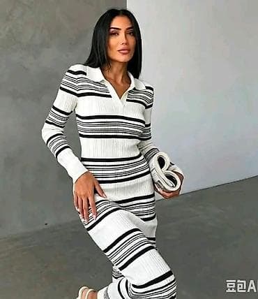 rebraste zvoncare: Rebrasto pletena ženska haljina sa prugama - Model: uska rebrasta — 4