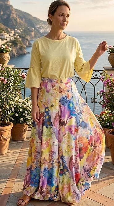 Komplet: Suknja i Majica.Duga ženska suknja s cvetnim printom -