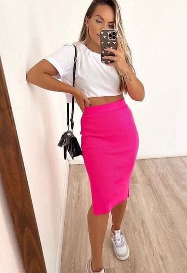 Suknja do kolena sa slicem,dubok pojas. Crna,pink,roza,ciklama,svetlo