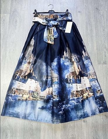 obuca vesna: ❤️Midi suknja sa pejzažnim printom i velikom mašnom - Dužina — 5