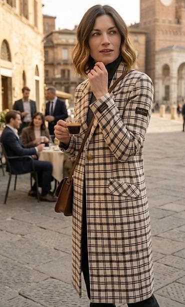 kape sa krznom: Ženski kaput kariranog dezena - Dužina do kolena, ravan kroj sa — 1