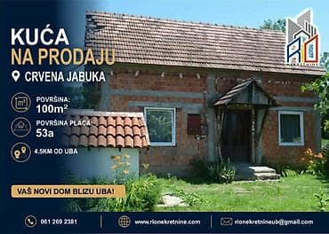 Na prodaju kuća u Crvenoj Jabuci kod Uba površine 100m2 površina placa na lalafo.rs Na prodaju kuća u Crvenoj Jabuci kod Uba površine 100m2 površina placa