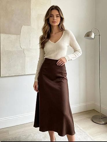 air force krem: Suknja saten midi A-kroj. - Elegantna saten suknja,blagog A-kroja koji — 1