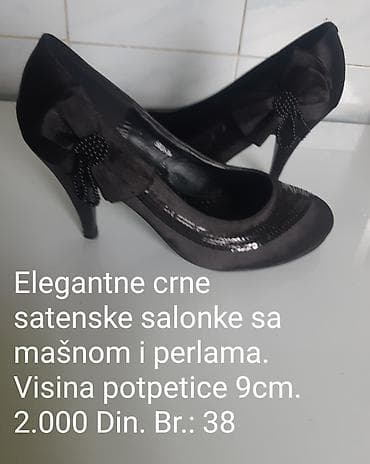 perla salonke: Elegantne crne satenske salonke sa ukrasnom mašnom i perlama — 1