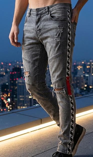 Muške skinny farmerke – sivi isprani teksas sa detaljima - Boja: siva