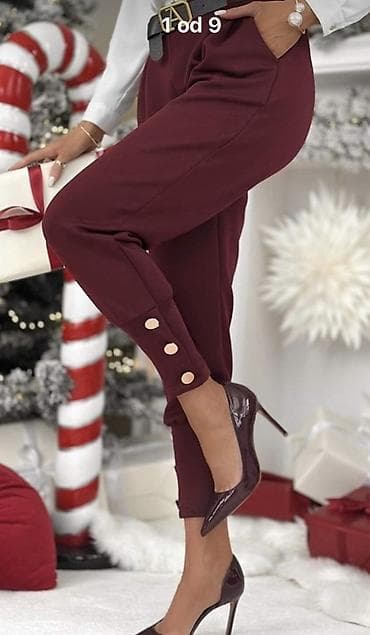 Pantalone: Elegantne bordo ženske pantalone sa pojasom - Model: slim/peg fit — 5