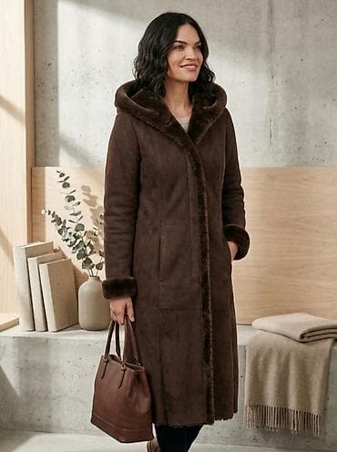 bermude sa dzepovima: Ženska duga kaput-jakna sa kapuljačom, tamno braon boje. - Materijal — 1