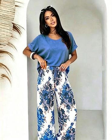 mindjuse cvet: Ženski komplet – oversized majica i široke pantalone sa floralnim — 7