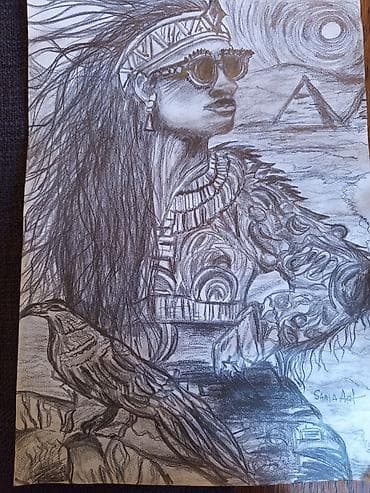Grafitna ilustracija – „Ratnica i gavran“ - Originalni crtež olovkom