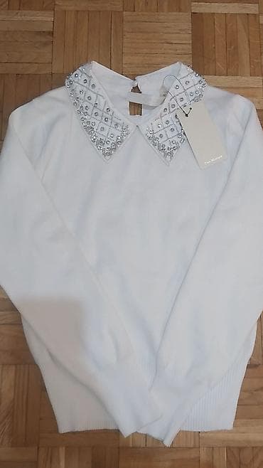 Women's Sweaters, Cardigans: Bela ženska bluza/majica sa ukrašenim kragnom. Univerzalna za S,M,L - — 2