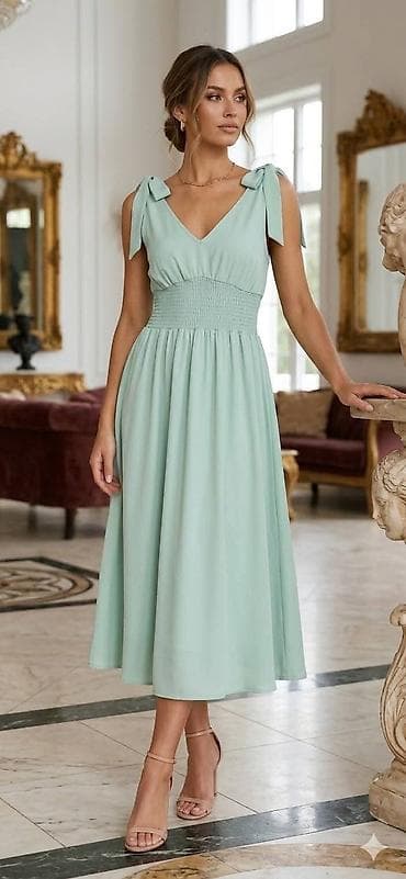 vitafon t: Elegantna midi haljina sa mašnama na ramenima - Model: midi dužina — 6