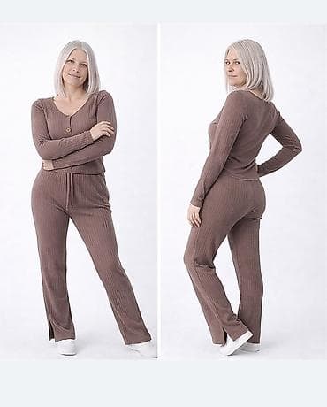 bez kozne pantalone: Damski rebrasti komplet – kardigan i pantalone - Dvodelni set od — 1