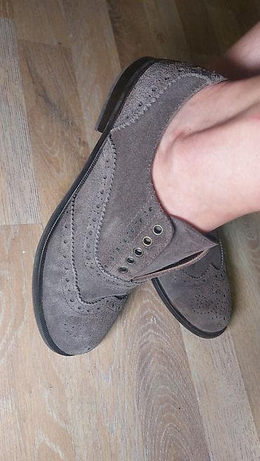 braon sandale na stiklu: Ženske brogue cipele bez pertli – siv braon antilop - Materijal — 3